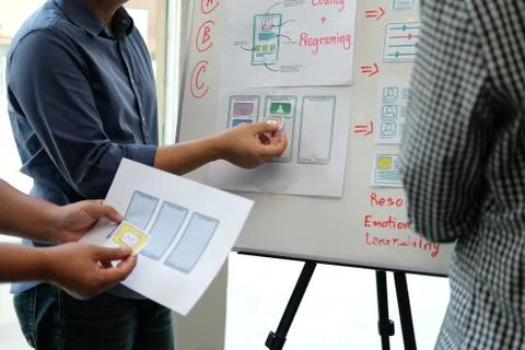 User experience UX designer designing web on smart phone layout. UI developer 스톡 사진