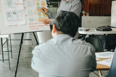 User experience UX designer designing web on smart phone layout. UI developer Foto stock
