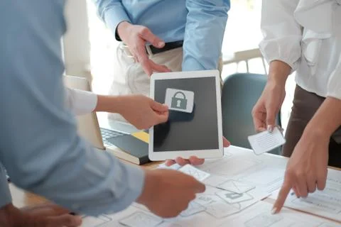 User experience UX designer designing web on smart phone layout. UI developer Foto stock