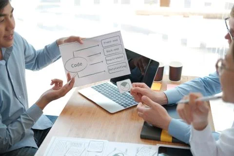 User experience UX designer designing web on smart phone layout. UI developer Stock Photos