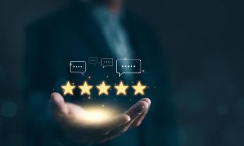 User feedback and review satisfaction, 5 star score, happy smile, Service Stock Photos