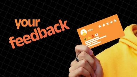 User feedback displayed on a card, held by a person in a yellow hoodie against Stock Photos