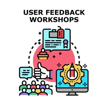 User feedback workshops collecting data and improving experience Stock Illustration