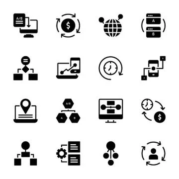 User Flow, Journey Map, AB Testing Glyph Icons Stockillustratie