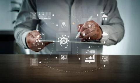 User flowchart, cloud computing, and AI integration visualized on a modern .. Foto stock