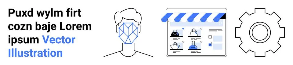 User with geometric face pattern, digital storefront with product images, gea 스톡 일러스트