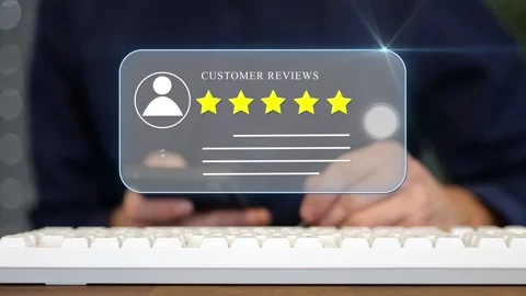 User giving five star rating for customer review on virtual screen animation Stock Footage 336408786