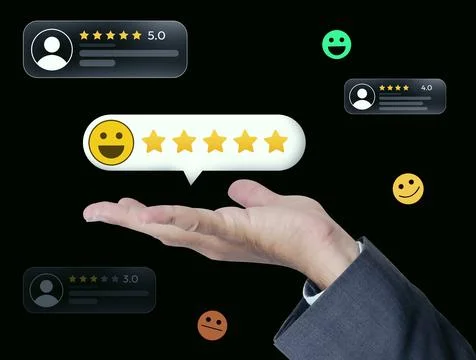 User giving five star rating concept with hovering stars and reactions on palm Stock Photos