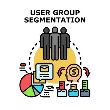 User group segmentation analyzing customer data dividing market Stock Illustration