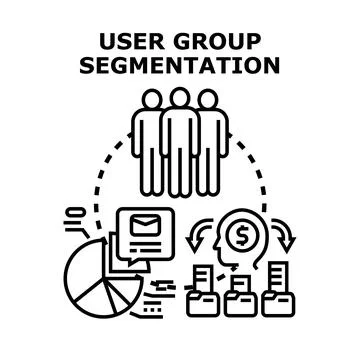 User group segmentation analyzing customer data dividing market Stock Illustration