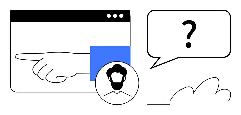User Guidance and Support Concept with Hand Pointing and Question Bubble 스톡 일러스트