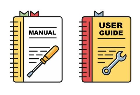 User guide book - manual or instructions icons, spiral book with tools Stock Illustration
