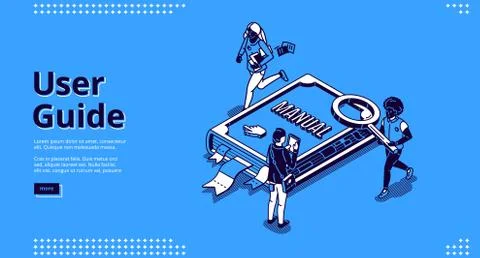 User guide isometric landing page, people and book Illustrazione stock