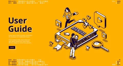 User guide isometric landing page, people and book Stock Illustration