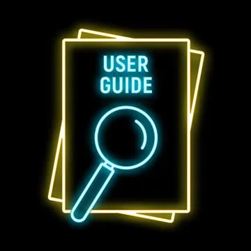User guide neon icon with magnifying glass searching Stock Illustration