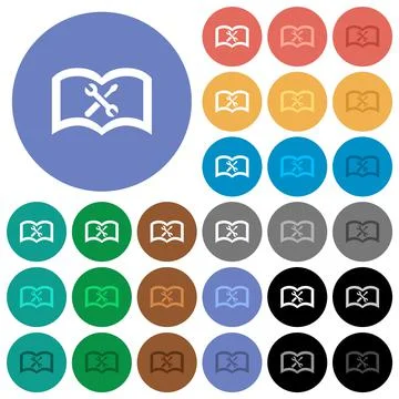 User guide with wrench and screwdriver round flat multi colored icons Stock Illustration