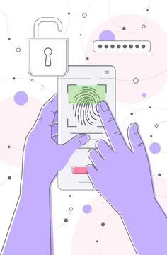 User hands touching fingerprint scanner on smartphone screen personal id access Stock Illustration