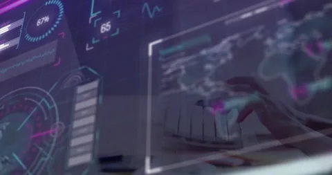 User hands typing on keyboard driving gauge climbing, number cycling and map Stock Footage 329772308