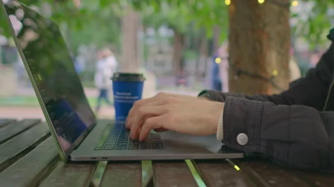User hands typing on laptop keyboard sit at table, student uses laptop Stock Footage 150727188