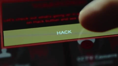 User has emotions when pressing the red HACK button. Ethical hacking concept Stock Footage 327899331