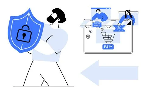 User holding a security shield beside an online shopping interface with offer Stock Illustration