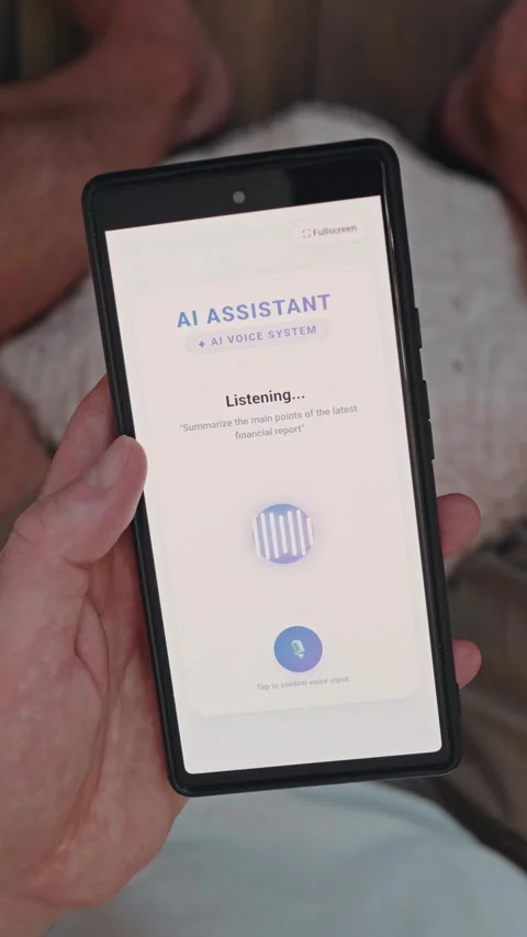 User holding smartphone and interacting with modern AI voice system interface. Stock Footage 341861396