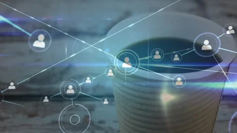 User icon appearing above cup initiating network expanding across worn table Stock Footage 320067267