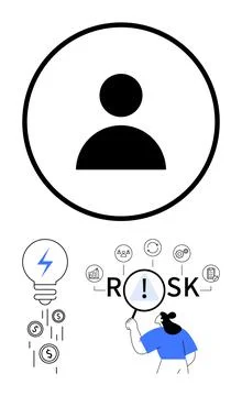 User icon in a circle, light bulb with money symbols, person magnifying risk  Stock Illustration