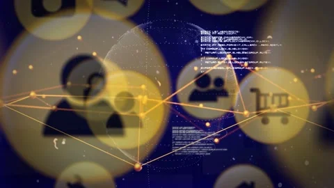 User icon cluster reacting to data flow, animating badges, cart forming mesh Stock Footage 332505201