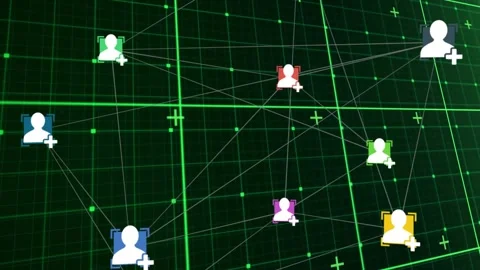 User icon emerging on green grid driving network connecting avatars pulsing Vídeo Stock 320416566