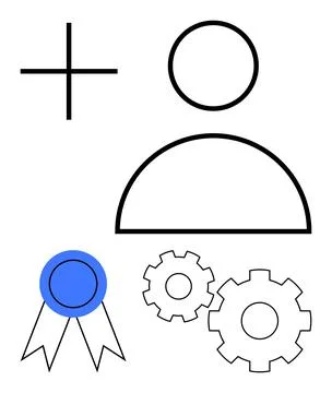 User icon with settings cogs, medal, and plus sign - representation of user.. Stock Illustration