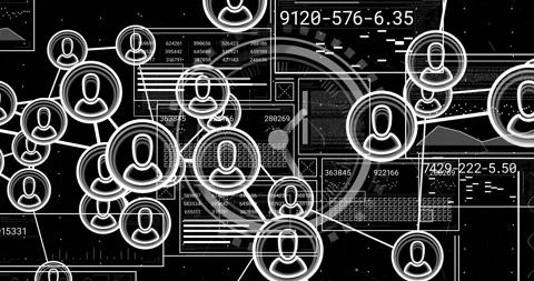 User icons connected by lines over data processing animation with numbers and Stock Footage 305431639