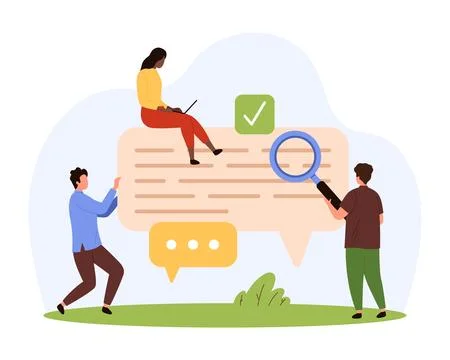 User identification, information search in chat history by tiny people with Stock Illustration