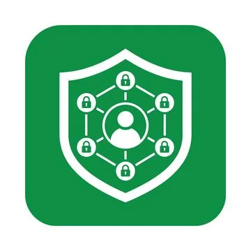 User identity protection green icon showing shield around personal profile .. Stock Illustration