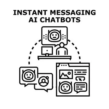 User is interacting with a desktop computer and various chat interfaces, enga Stock Illustration