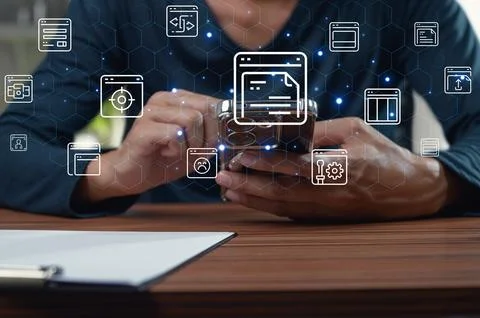 User Interacting with Mobile Browser Interface and Digital Icons Stock Photos