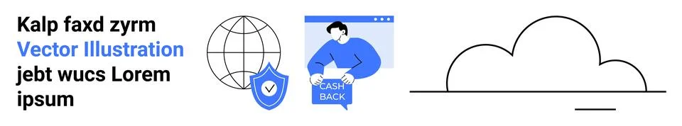 User interacting screen, blue shield, globe, cloud icon, and text. Ideal for  Illustrazione stock