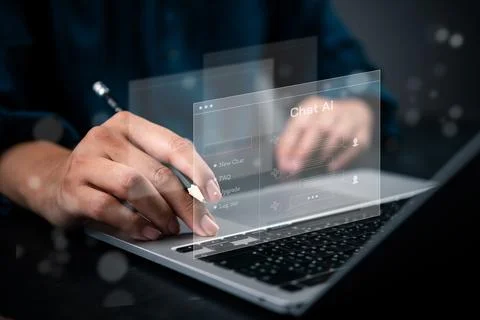 User interacts with AI chatbot interface on laptop, symbolizing future of c.. Stock Photos