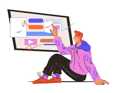 User interacts with computer interface, cartoon cartoon vector isolated. Stock Illustration