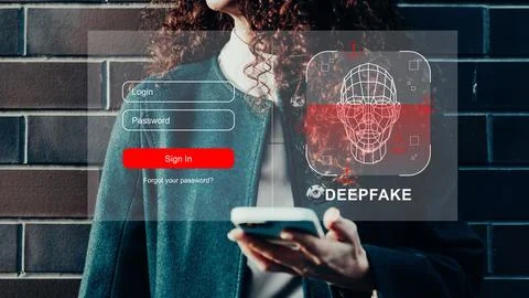 User interacts with a deep fake application while standing against a brick wall Stock Photos