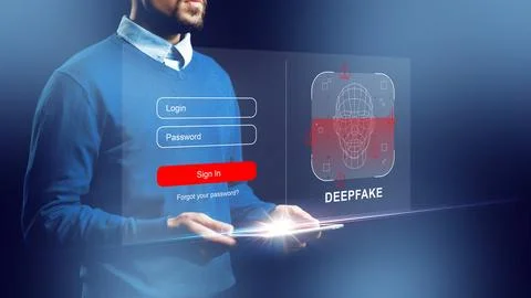User interacts with a deep fake login interface while holding a tablet in a Stock Photos