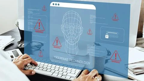 User interacts with deepfake technology on computer screen featuring warning Stock Photos