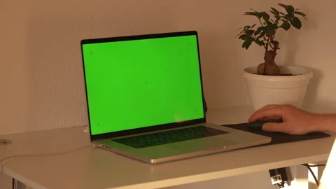 User interacts with laptop on desk while green screen displays in workspace Stock Footage 339584187