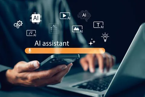 User interacts with virtual ai assistant interface on mobile or laptop for .. Stock Photos