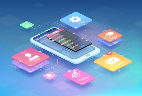 User interface and experience concept. Vector of a smart phone with mobile ap Illustrazione stock