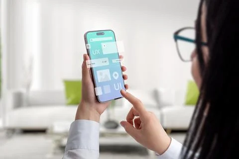 User interface and experience concept app on smart phone in woman hands. Clea 스톡 사진