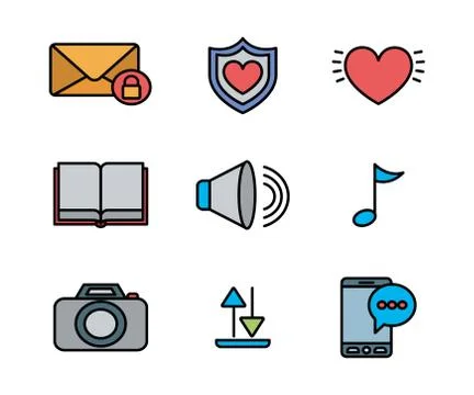 User interface and social media fill icon set design Stock Illustration