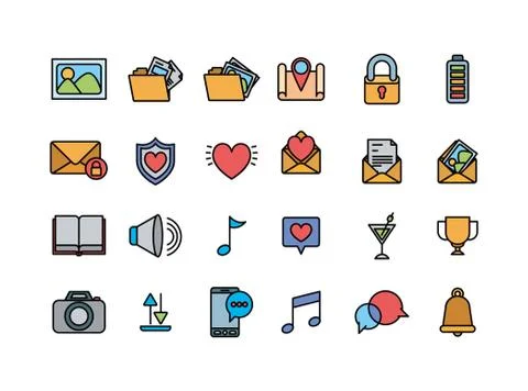 User interface and social media fill icon set design Illustrazione stock
