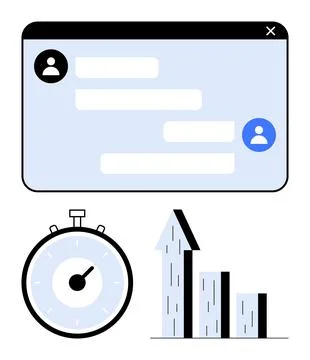 User interface with chat window, stopwatch, and upward graph representing c.. Stock Illustration
