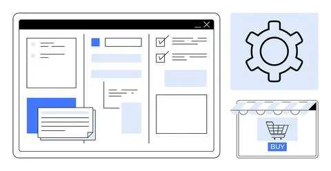 User Interface Design Elements with Gear Icon and E-commerce Storefront ion 库存插图